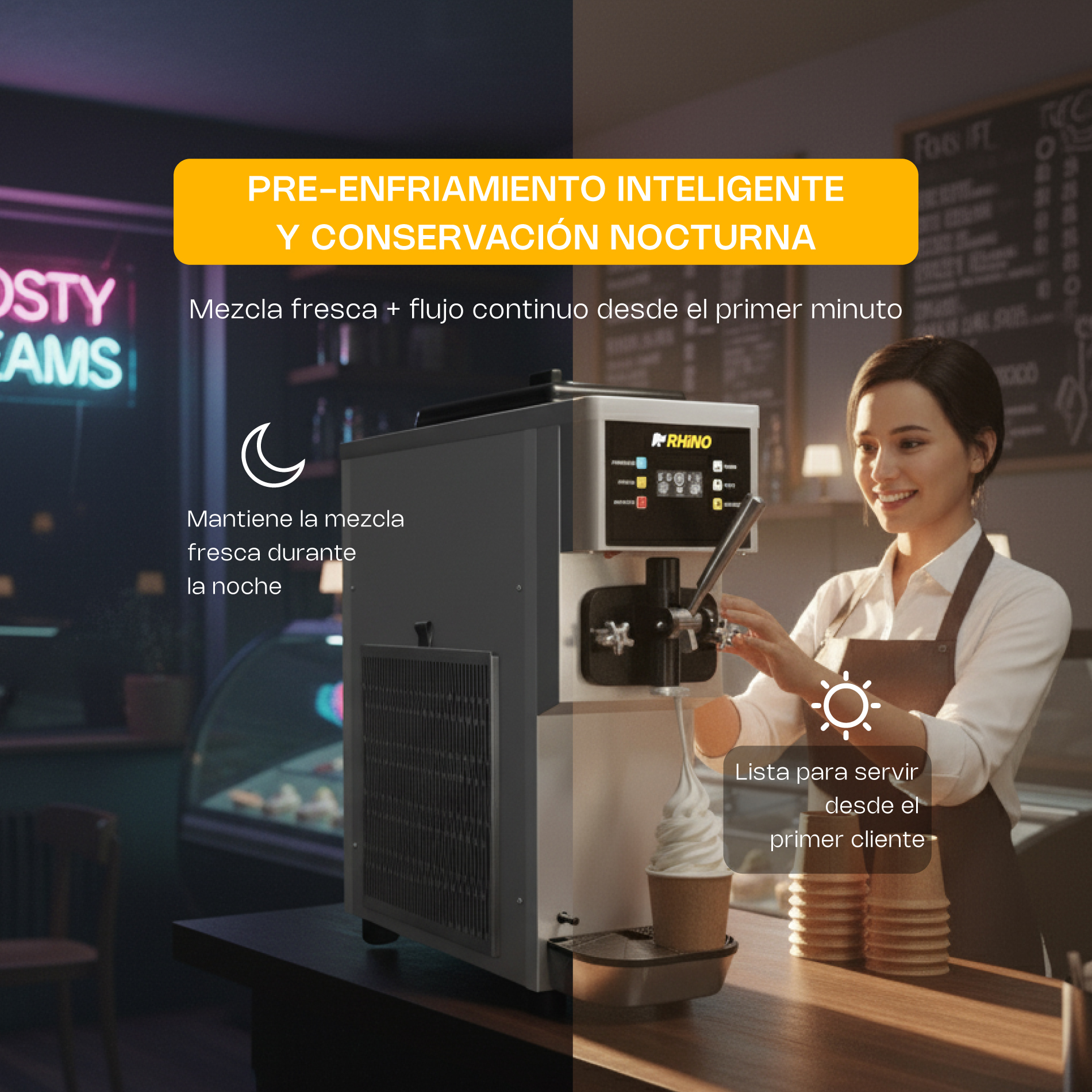 Máquina de helado de 10 litros Rhino ayudando a cuidar mejor la mezcla y reducir merma