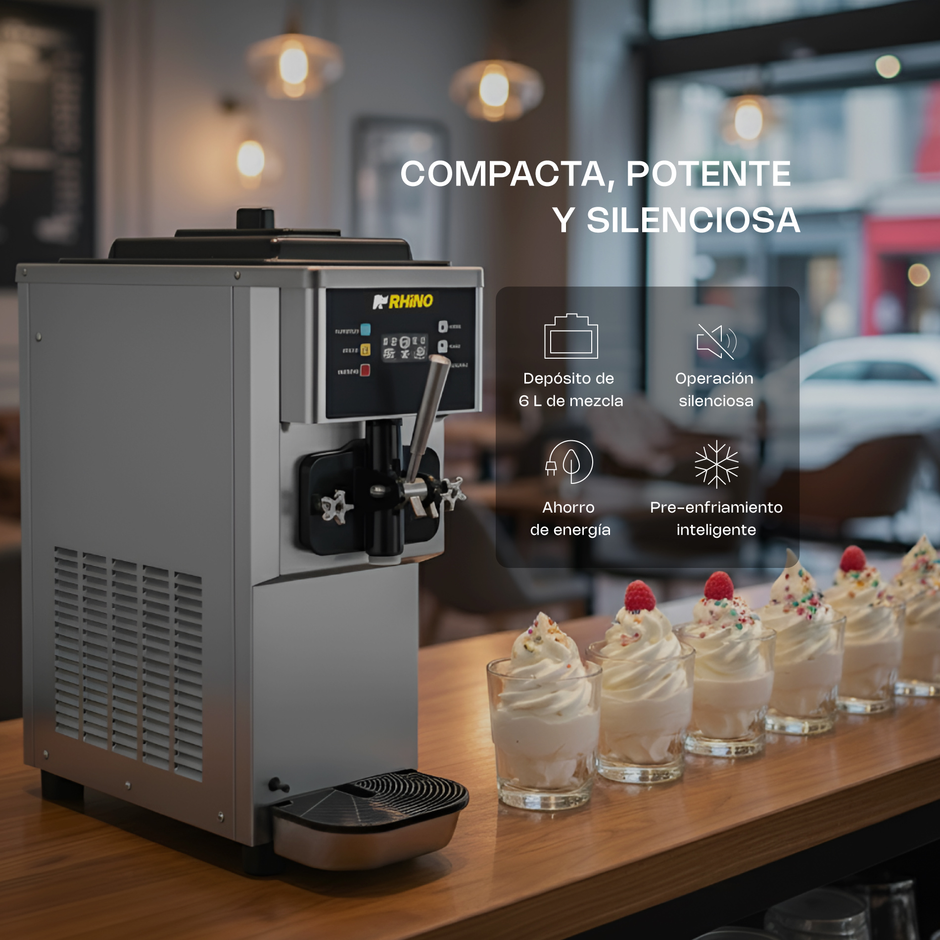 Máquina de helado de 10 litros Rhino con formato compacto para sumar helado sin saturar la barra